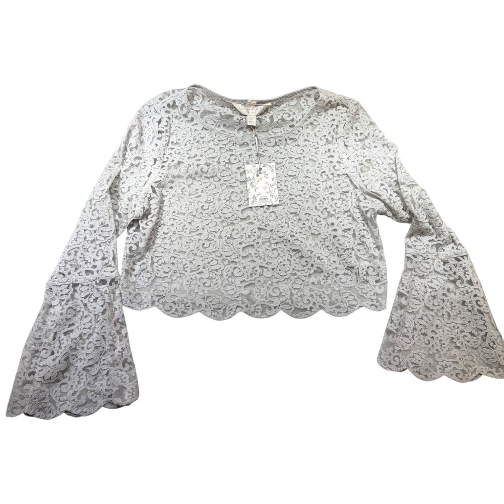 NWT Gray Violet Floral Lace Bell Sleeve Scalloped Crop Top Boho Romantic L